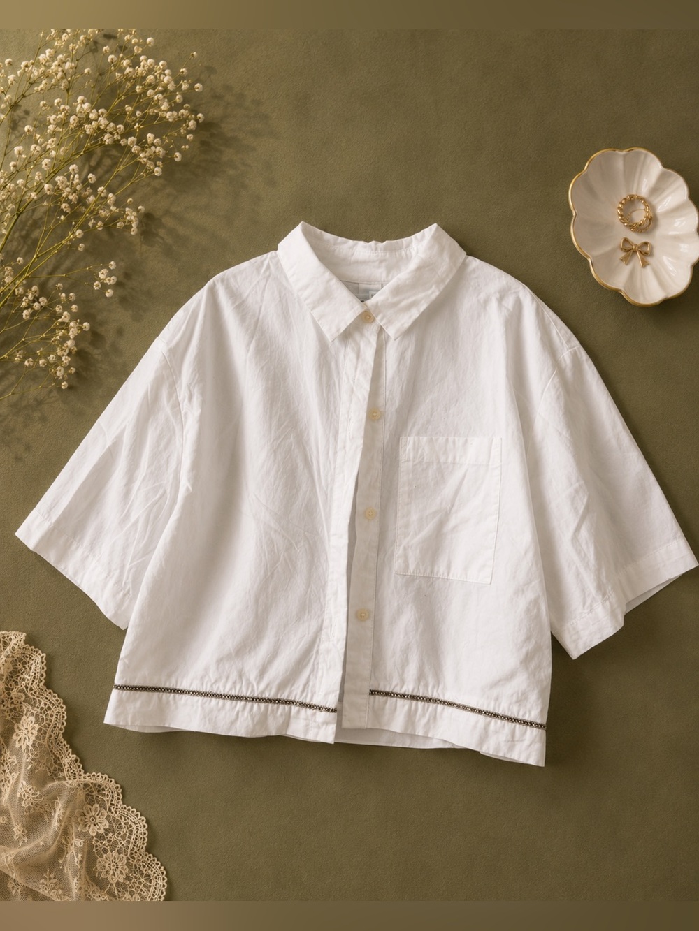 Zara White Short-Sleeve Button-Down Shirt with Trim